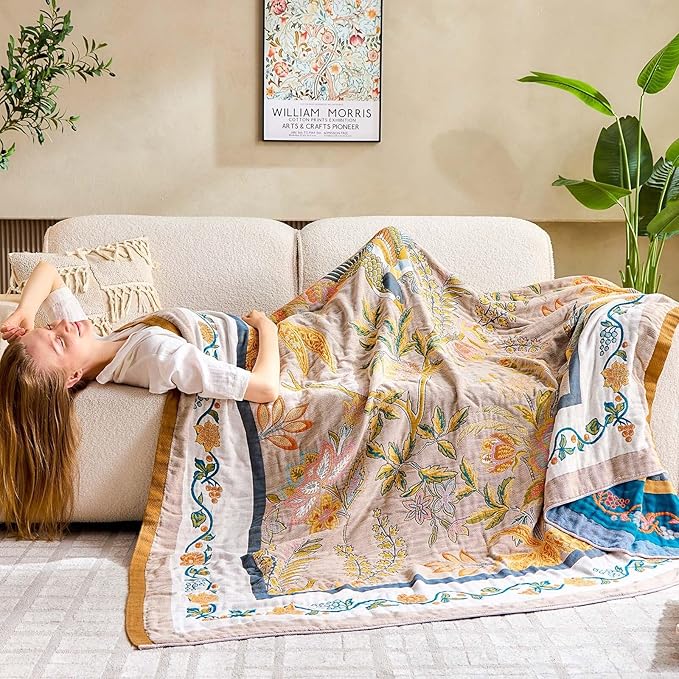 Boho Blanket, 100% Cotton Farmhouse Decorative Throw Blanket, 60"x80" Reversible Bohemian Throw Blanket, Brown All Season Muslin Breathable Woven Blankets Quilt
