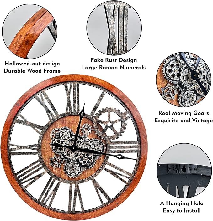 The B-Style 36" Large Moving Gear Wall Clock Oversized Vintage Farmhouse Wall Clocks for Living Room Decor Rustic Industrial Wood Clock (Brwon with Bronze Gears)