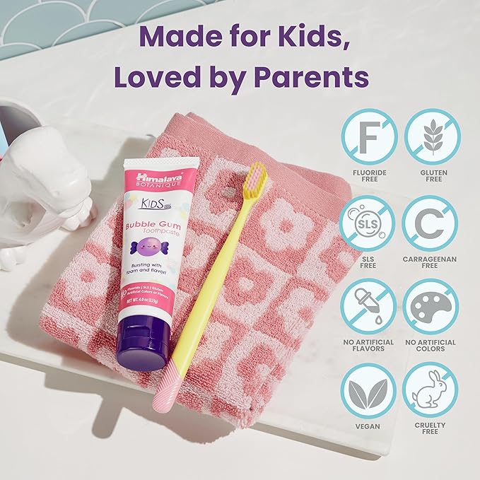 Himalaya Botanique Kids Toothpaste with Xylitol, Bubble Gum Flavor - Gentle Fluoride Free Toothpaste - Vegan, Gluten Free, SLS Free, No Artificial Flavors or Colors, 4 oz
