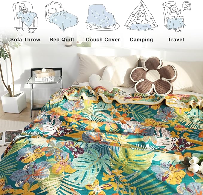 MSGKV Cotton Bed Blanket for Couch and Sofa Blankets for Living Room Bedroom Reversable Florals Throw 80"x90" Breathable Cozy Boho Blankets
