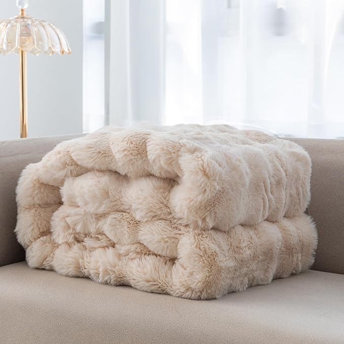 RYNGHIPY Faux Fur Blanket for Couch Fluffy Warm Throw Blanket for Sofa Bed Thick Furry Bubble Blanket (Camel, 51''x63'')