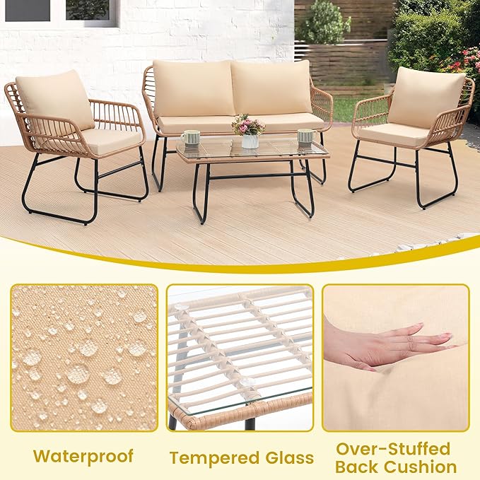 Kromax 4 Piece Patio Bistro Outdoor Furniture Set, Wicker Sofa, 2 Rattan Chairs, and Table, Backyard Conversation Set, All Weather Cushions, Natural Rattan Beige Cushion