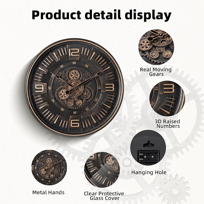 Maxstar Large Vintage Moving Gear Wall Clock, 20''Battery Operated Industrial Steampunk Metal Decor for Living Room, Office,Fireplace, Farmhouse(Arabic Number-Bronze)