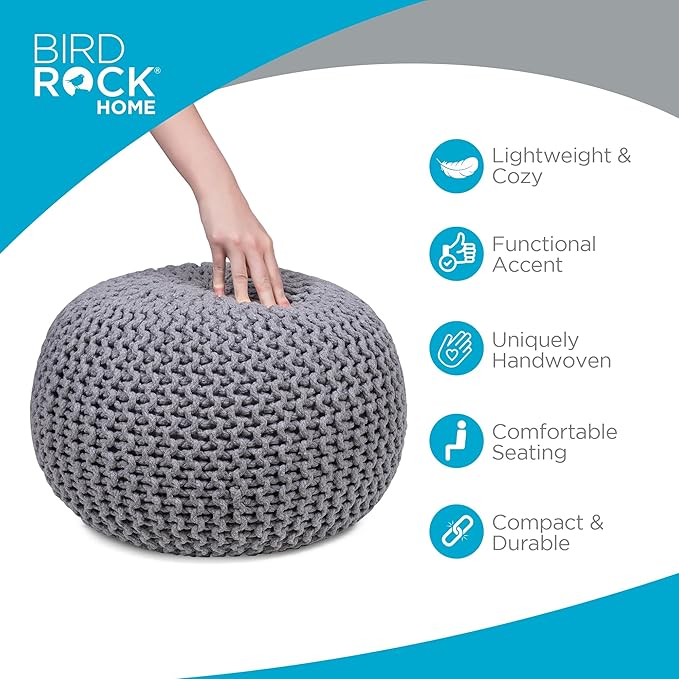 BIRDROCK HOME Round Pouf Ottoman | Cotton Braided Foot Stool with Bean Bag Filling | Boho Foot Rest for Living Room & Bedroom | Compact & Comfortable Seating, Lightweight & Soft | Light Grey