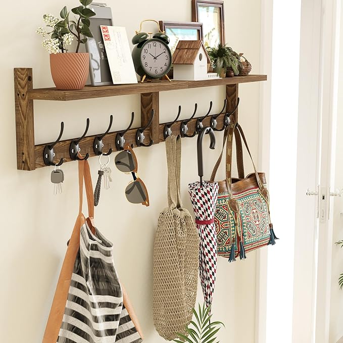 AMBIRD 34.2 inch Wooden Extra-Long Wall Hook Rack with Shelf - Versatile and Decorative Wall-Mounted Storage - 10 Hooks for Hanging Coats, Hats, Scarves - Ideal for Entryways, Bedrooms, Closets