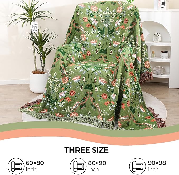 Boho Ultra Soft Throw Blanket 60''x80',100% Cotton Blankets for Couch Bed,Squirrel Farmhouse Home Decor Bed Blankets, All Season Rustic Reversible Bohemian Lightweight Throw for Bed -Light Green ﻿