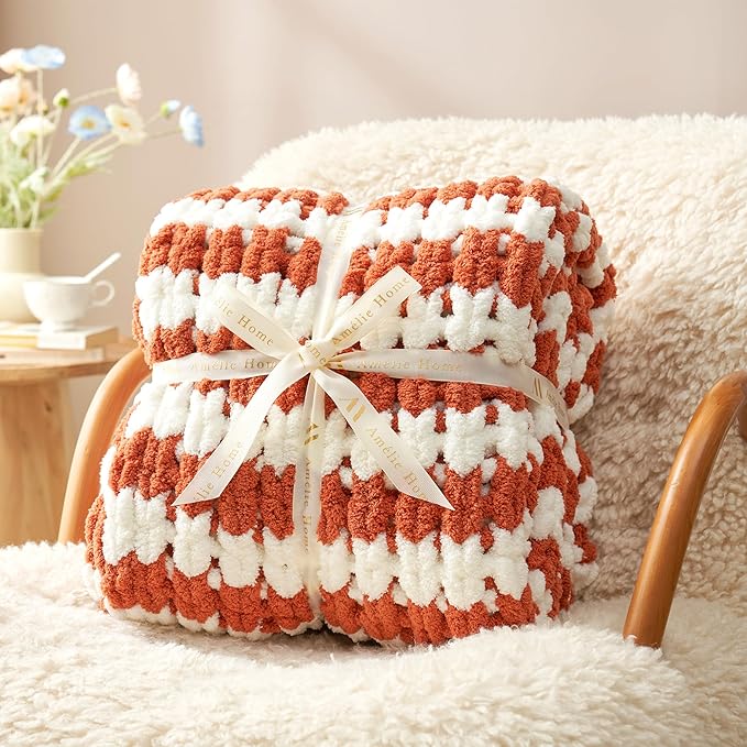 Amélie Home Chunky Knit Throw Blanket for Couch, Soft Chenille Crochet Blanket for Sofa, 50"x60", Burnt Orange & White Striped