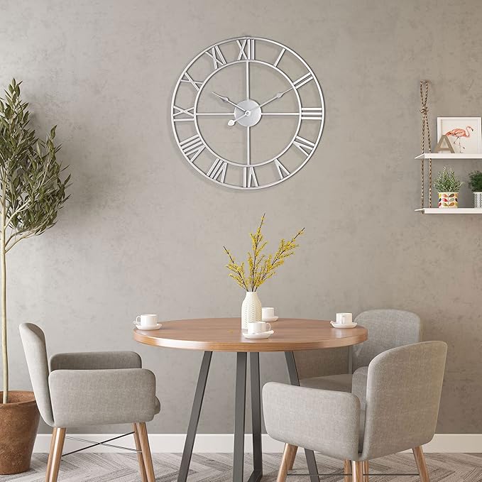 LEIKE 16" Modern Large Wall Clocks,Vintage, Round,Silent Non Ticking,Battery Operated,Silver Metal Roman Numerals Clock for Living Room/Bedroom/Kitchen Decor