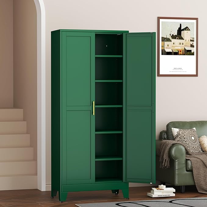 Metal Pantry Cabinet with 2 Doors and 5 Adjustable Shelves, 75" Kitchen Storage Cabinet with Gold Handles, Versatile Storage for Laundry, Living, Bathroom, Dining, Utility Room - Green