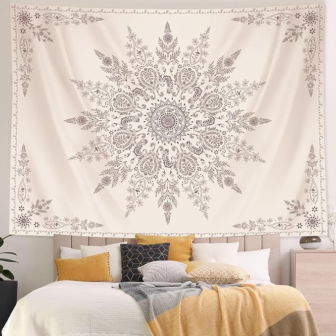 Lunerfex Boho Floral Tapestry Mandala Wall Tapestry, Cute Tapestries for Bedroom Beige Flower Tapestries Wall Hanging for Bedroom Living Room Decor Beige-2 70"x90"
