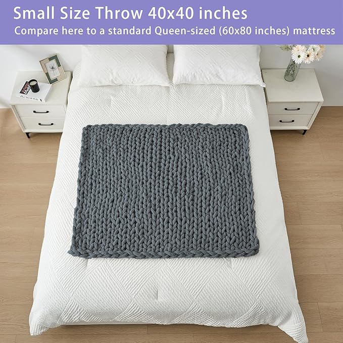 Bigacogo Chunky Knit Throw Blanket for Couch, 40x40 inches, 100% Hand Knitted with Thick Jumbo Chenille Yarn, Cozy Soft Large Rope Knot Cable Crochet Blankets for Sofa Bed Living Room, Iron Gray
