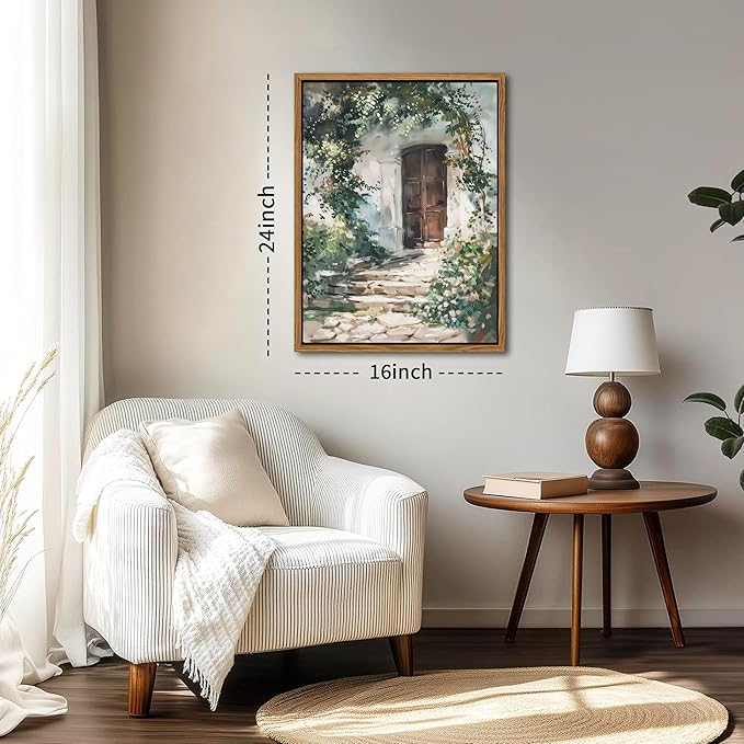 Floating Framed Canvas Vintage Wall Art, Rustic Cottage Spring Garden Oil Paintings Print, Country Floral Pictures Wall Decor for Living Room Bedroom Office Home Decor 16x24 inch