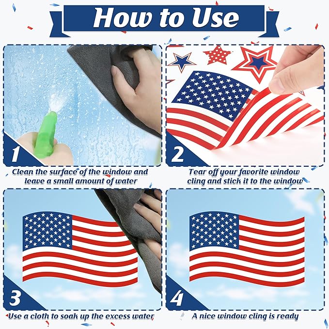 158 Pcs 4th of July Window Clings, 9 Sheets Patriotic Window Clings Decals, Watercolor Double-Sided American Flag Stars Firework Window Stickers for Independence Day Parade Veterans Memorial Day Decor