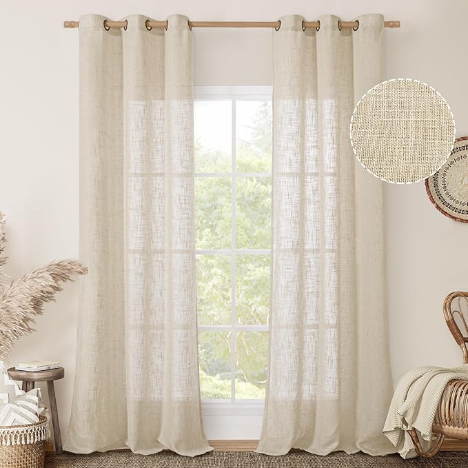 LAMIT Linen Blend Curtains 84 inches Long for Living Room/Bedroom, Soft Linen Textured Light Filtering Semi Sheer Panels with Bronze Grommet, 2 Panels Set, 34 x 84 Inch, Linen