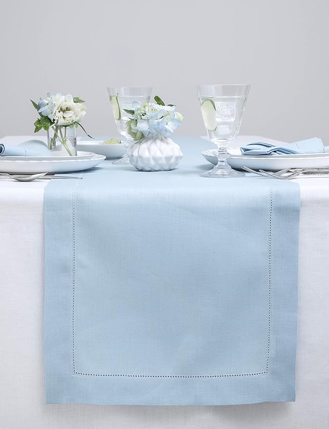 Solino Home Linen Sky Blue Table Runner 48 Inches - Classic Hemstitch, 100% Pure Linen Coffee Table Runner 14 x 48 Inch Ideal for Dresser Tables