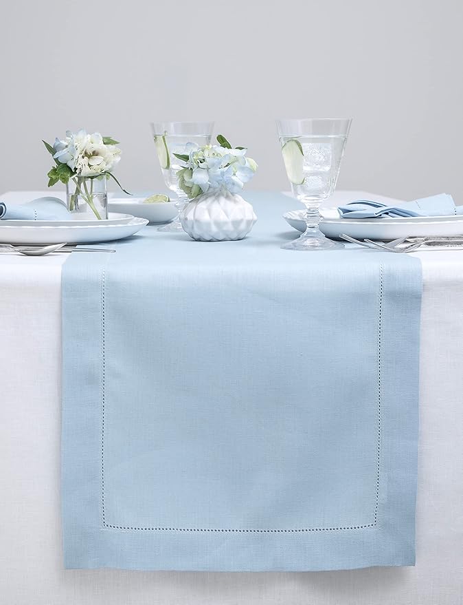 Solino Home Linen Sky Blue Table Runner 60 Inches - Classic Hemstitch, 100% Pure Linen Coffee Table Runner 14 x 60 Inch Ideal for Dresser Tables