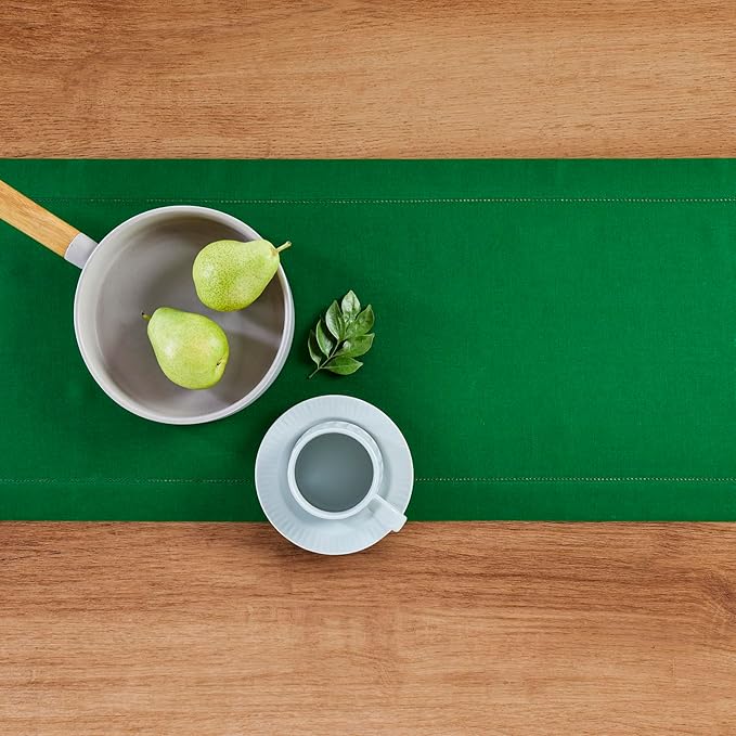 Solino Home Linen Garden Green Table Runner 144 Inches Long - 100% Pure Linen Extra Long Table Runner 14 x 144 Inch - Classic Hemstitch