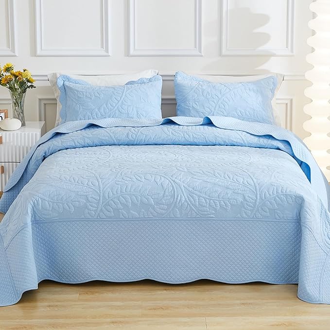 MarCielo 3-Piece 100% Cotton Oversized Bedspread Lightweight Quilt Coverlet Embroidery Farmhouse Bedding Set T0 (Light Blue, Oversized King (118"x106"))