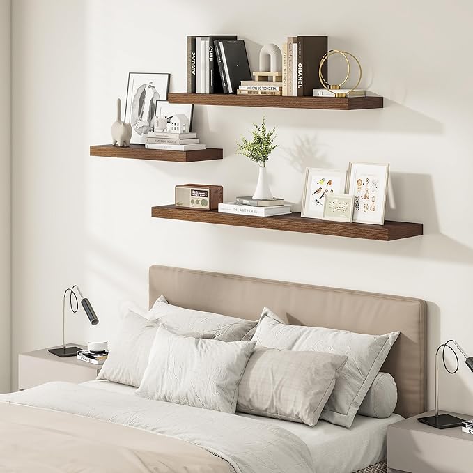 Wide Floating Shelves for Wall 12 Inch Deep, 24" X 12" X 2" Floating Shelf, 2 Inch Thick Shelf for Bathroom Bedroom Kitchen Book Room, Heavy Duty 55lbs Shelves for Farmhouse Decor Set of 2, Walnut