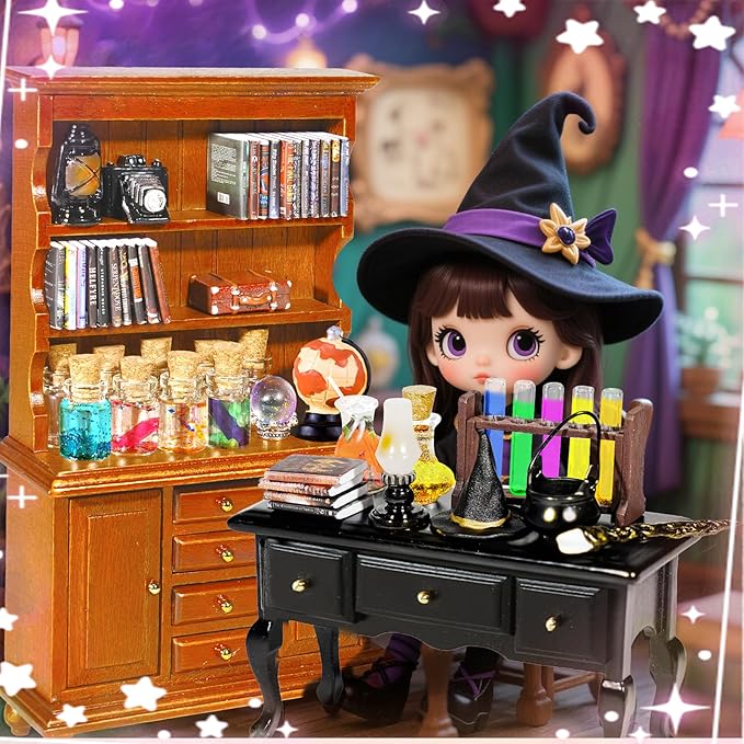 Rileryan 54 Pcs 1:12 Scale Magic Witchy House Kit Miniature Furnitures Accessories Mini Wooden Bookshelf Bookcase 30 Mini Books Desk Chair Halloween Decoration