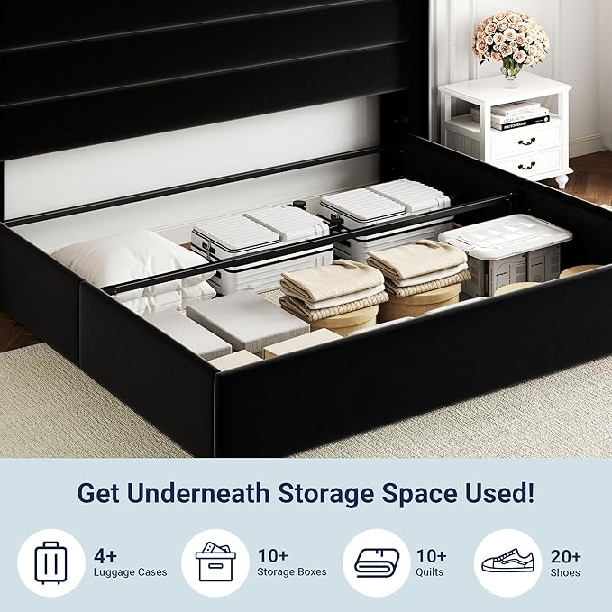 Allewie King Size Velvet Lift Up Storage Bed, Modern Wingback Headboard, Hydraulic Support, No Box Spring Needed, Black