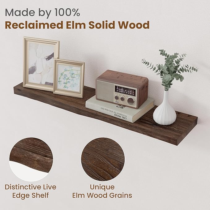 Floating Shelves for Wall Decor, Rustic Solid Elm Wood Live Edge Floating Shelves Wall Mounted, Wall Shelves with Invisible Bracket for Living Room Bathroom Bedroom Kitchen, 32 Inch Set of 2, Walnut