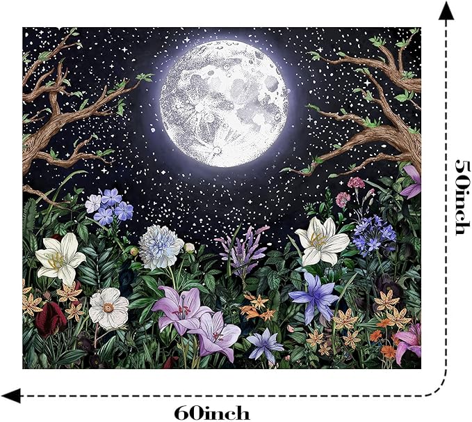 Neasow Aesthetic Moon Garden Tapestry Wall Hanging, Night Landscape with Colorful Plants Floral Tapestries for Bedroom Home Decor Multi Color 50×60 inch (130cm×150cm)