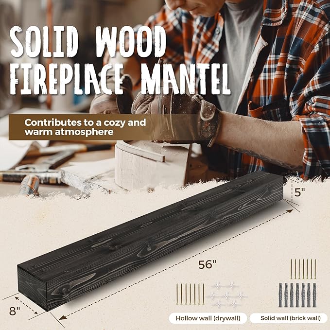 56x8x5 Fireplace Mantel - Handcrafted Hollow Rustic Solid Wood Wall Mounted Floating Shelf with Invisible Heavy Duty Wood Bracket (Weathered Black)
