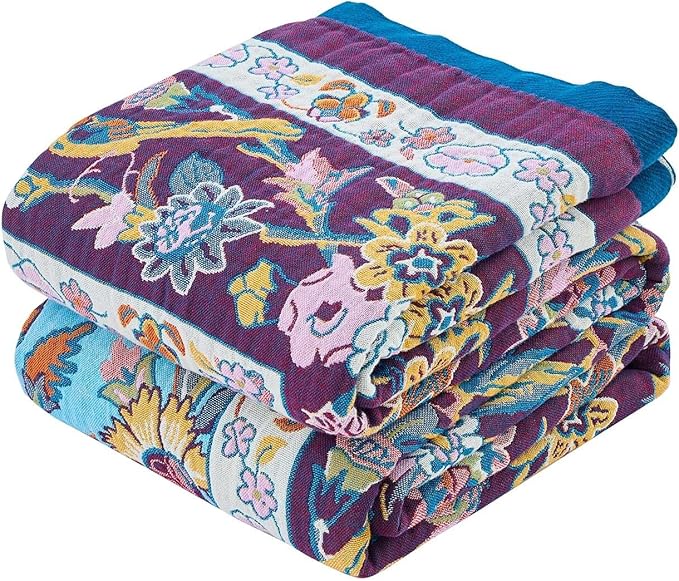 Fall Blanket for Bed, 100% Cotton Soft Rustic Boho Throw Blanket Quilt, 90"x98" Farmhouse Decor Bed Flower Blankets, Light Weight Reversible Bohemian Throw Quilt