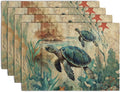 Sea Turtle Placemats Set of 4 Summer Beach Seasonal Linen Table Mats 12x18 Inch Vintage Ocean Animal Heat Resistant Washable Non-Slip Place Mats for Party Kitchen Dining Decoration