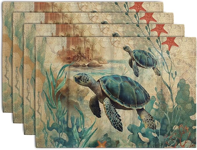 Sea Turtle Placemats Set of 4 Summer Beach Seasonal Linen Table Mats 12x18 Inch Vintage Ocean Animal Heat Resistant Washable Non-Slip Place Mats for Party Kitchen Dining Decoration