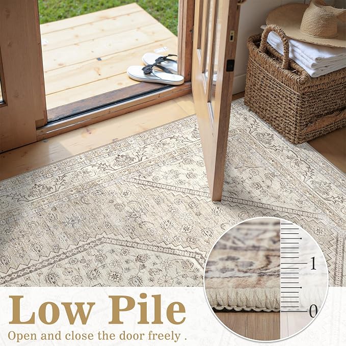 DCX Machine Washable Brown and Beige Area Rug 5x7, Non Slip Stain Resistant Vintage Floral Rug for Living Room Bedroom Nursery, Soft Low Pile Large Carpet
