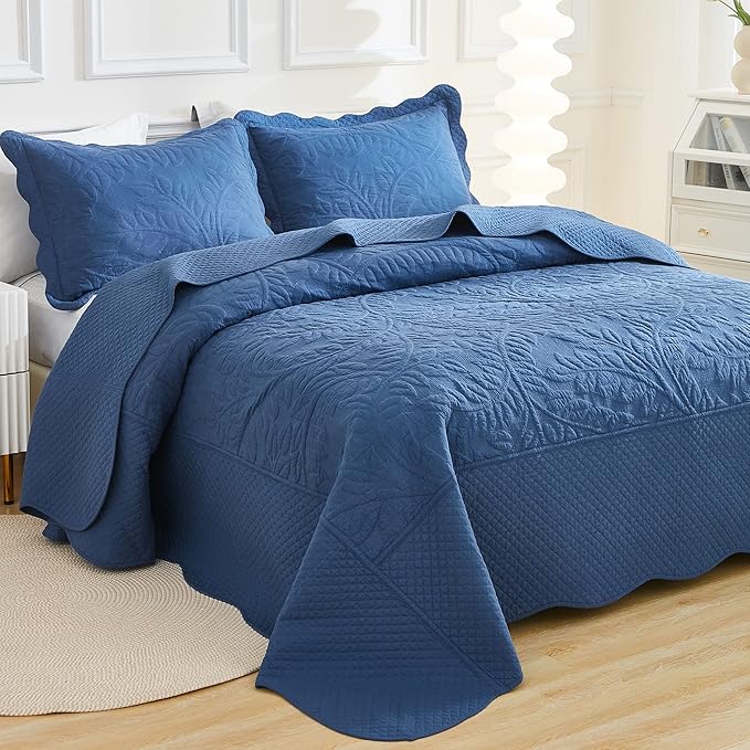 MarCielo 3-Piece 100% Cotton Oversized Bedspread Lightweight Quilt Coverlet Embroidery Farmhouse Bedding Set T0 (Midtone Blue, Oversized King (118"x106"))