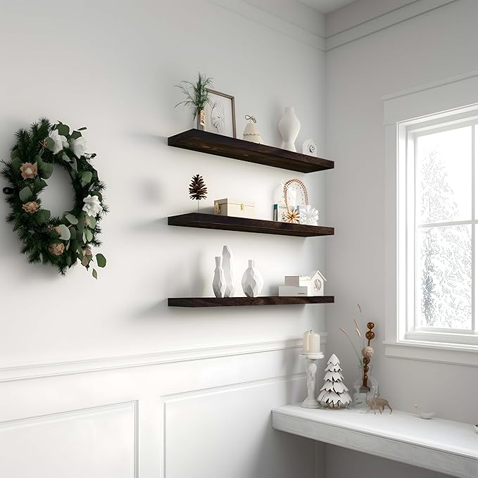 Wood Floating Shelves for Wall Decor, Rustic Wall Shelves for Bedroom Bathroom Kitchen Living Room, Set of 4 Walnut 24 Inch
