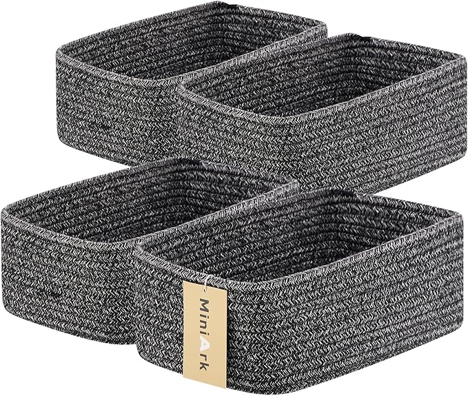 Small Storage Baskets for Organizing | Closet Organizer Bins | Shelf Toy Basket | Woven Rope Baskets | Cube Decorative Box | Shallow Basket | 11.5x7.5x4.7” | 4 Packs Dark Gray