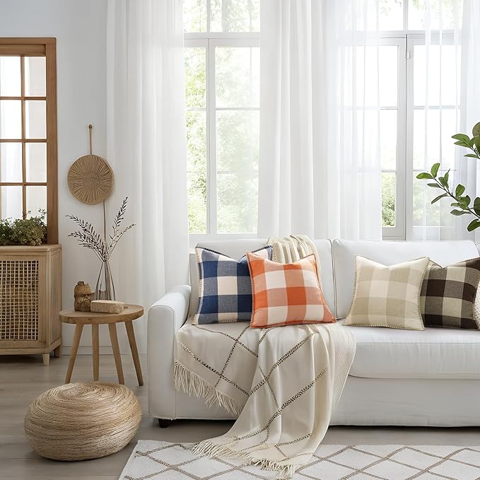decorUhome Buffalo Plaid Check Throw Pillow Covers 16x16 Set of 2, Outdoor Decorative Farmhouse Neutral Pillow Covers with Stitched Edge for Bed Couch Sofa, Brown and Beige