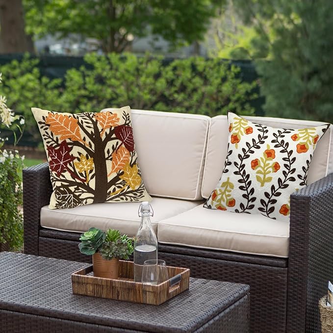 Alysheer Embroidered Fall Decorative Throw Pillow Cover 18"x 18", Boho Farmhouse Cottage Tufted Embroidery Pattern Cotton Canvas Orange Cushion Case for Sofa Couch Bed Living Room Decor(Maple Leaves)