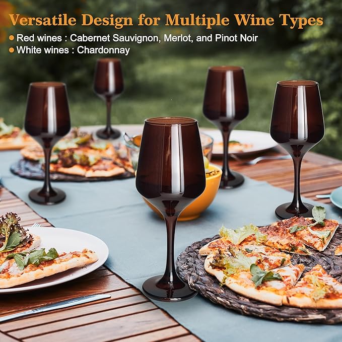 Brown Wine Glasses Set of 6-14oz Long Stem Wine Glass, Pretty Crystal Glassware, Hand Blown Goblets Drinkware, Unique Stemware Wine Glass Holiday Gift Set