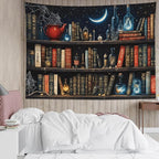 LB Gothic Bookshelf Tapestry, Horror Spider and Vintage Book Halloween Wall Tapestry for Bedroom Aesthetic, Galaxy Moon Wall Art for Living Room Dorm Home Decor Ready to Hanging, 60 x 40 Inches