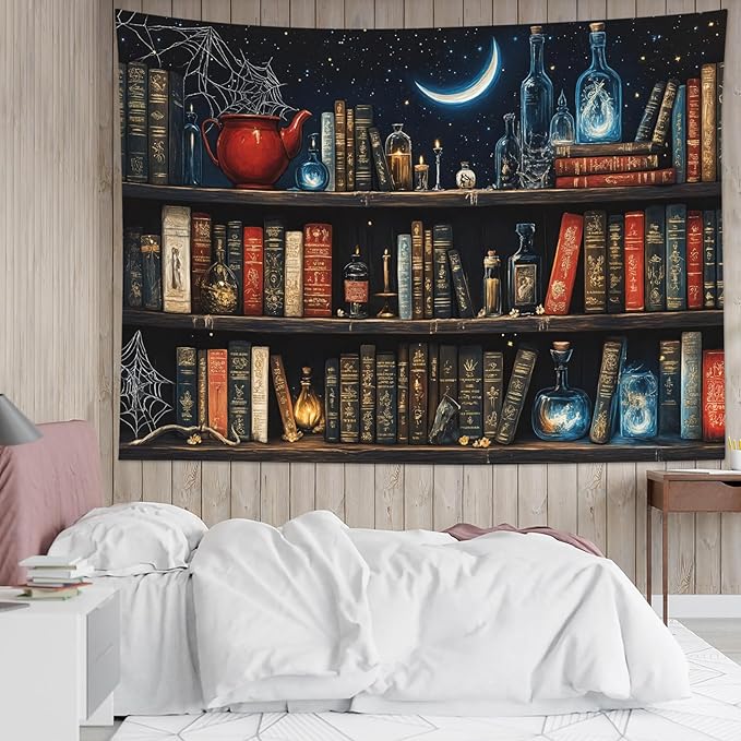 LB Fantasy Bookshelf Tapestry, Horror Spider and Vintage Book with Moon Wall Tapestry for Bedroom Aesthetic, Trippy Galaxy Wall Art for Living Room Dorm Home Decor Ready to Hanging, 48 x 36 Inches