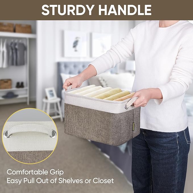 BALEINE 4 Pack Fabric Storage Bins for Shelves, Linen Storage Baskets for Organizing, Decorative Closet Bins for Clothes, Home (Brown, 12"x8"x8")