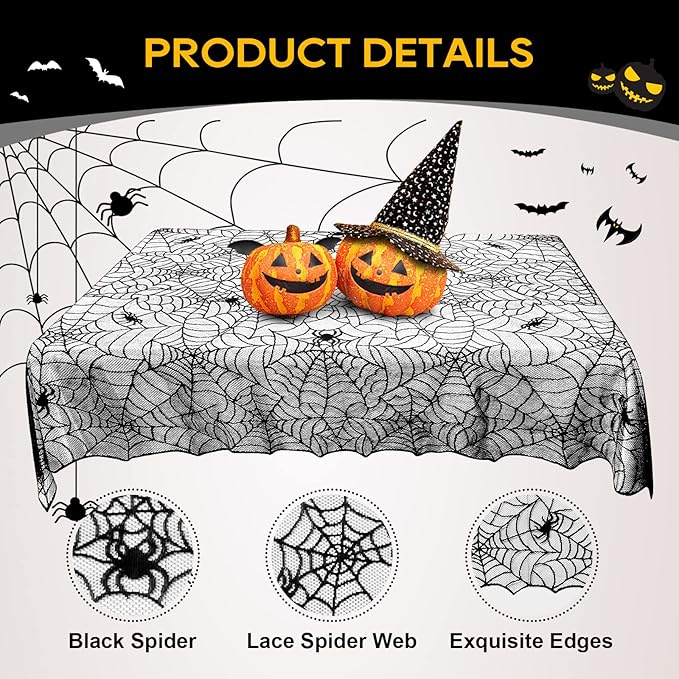 eZAKKA Halloween Table Cloth, 60"x104" Spider Webs Tablecloths Black Tablecloth Lace Fabric Table Cloths Spooky Table Cover for Rectangle Tables for Parties Gothic Halloween Home Decorations