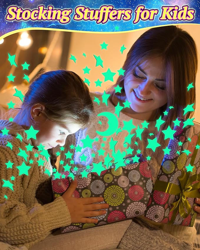 201 Pcs Glow in The Dark Stars Stickers for Ceiling, Toddler Stocking Stuffers Wall Room Decor Gifts, Luminous 3D Glowing Stars Easter Basket Stuffers for Kids Boys Girls
