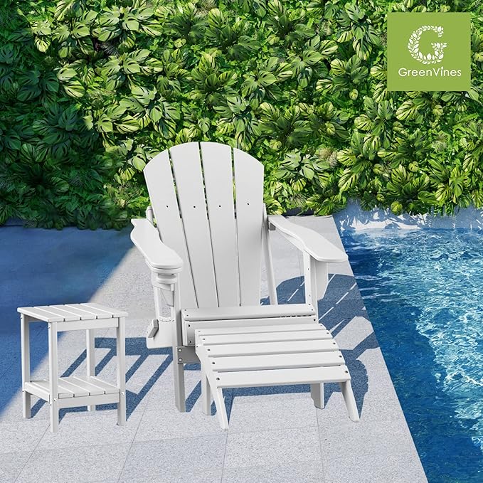 GREENVINES Adirondack-Ottoman | Set of 2 | HDPE Plastic | Outdoor Footrest | All Weather | Foot Rest | Foot Stool | White | for Adirondack Chair | for Patio Backyard Pool