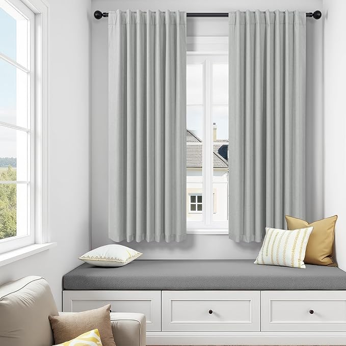 45 Inch Length Kitchen Blackout Curtains Set of 2 Back Tab Pleated Room Darkening Short Small Curtains for Bathroom Kids Room Nursery Bedroom 52x45 in Long Light Grey Gray Black Out Neutral Cottage