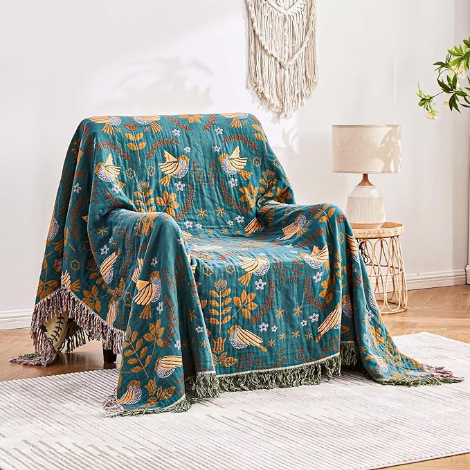 Boho Throw Blanket, 100% Cotton Ultra Soft Luxury Throw Rustic Quilt, 90"x98" Floral Printed Farmhouse Decor Bed Summer Blankets, All Season Rustic Reversible Bohemian Throw for Bed - Blue