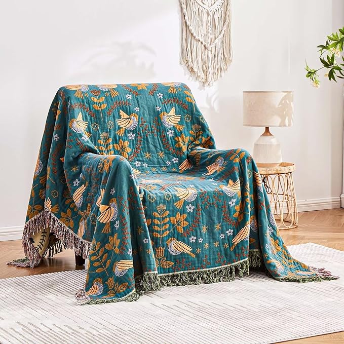 Boho Throw Blanket, 100% Cotton Ultra Soft Luxury Throw Rustic Quilt, 60"x80" Floral Printed Farmhouse Decor Bed Summer Blankets, All Season Rustic Reversible Bohemian Throw for Bed - Blue