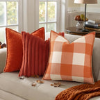 decorUhome Fall Orange and White Decorative Throw Pillow Covers 22x22 Set of 2, Buffalo Plaid Check Farmhouse Cushion Covers with Stitched Edge for Autumn Harvest Couch Sofa Bed Home Decor