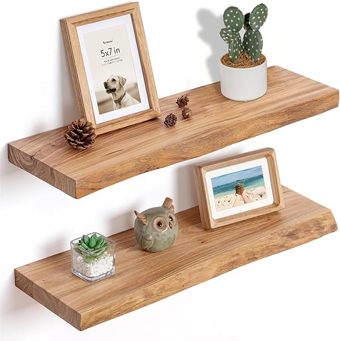 Floating Shelves for Wall, 24"x9.3" Rustic Solid Live-Edge Elm Wood Wall Shelves, Heavy-Duty Floating Shelves with Invisible Brackets, Set of 2 for Living Room, Bedroom, and Kitchen, Natural Finish