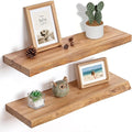 Floating Shelves for Wall, 24"x9.3" Rustic Solid Live-Edge Elm Wood Wall Shelves, Heavy-Duty Floating Shelves with Invisible Brackets, Set of 2 for Living Room, Bedroom, and Kitchen, Natural Finish
